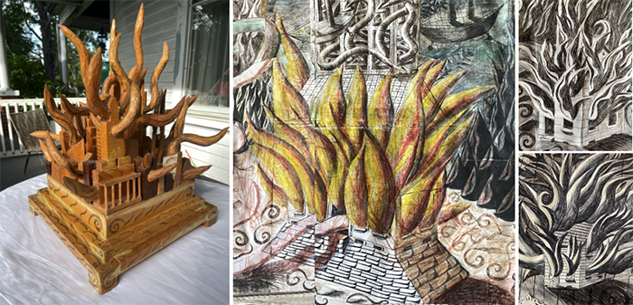 Mike Goodlett: Art piece titled Burning City, and ‘representations’ of burning cities in Book 1 (author’s collection)